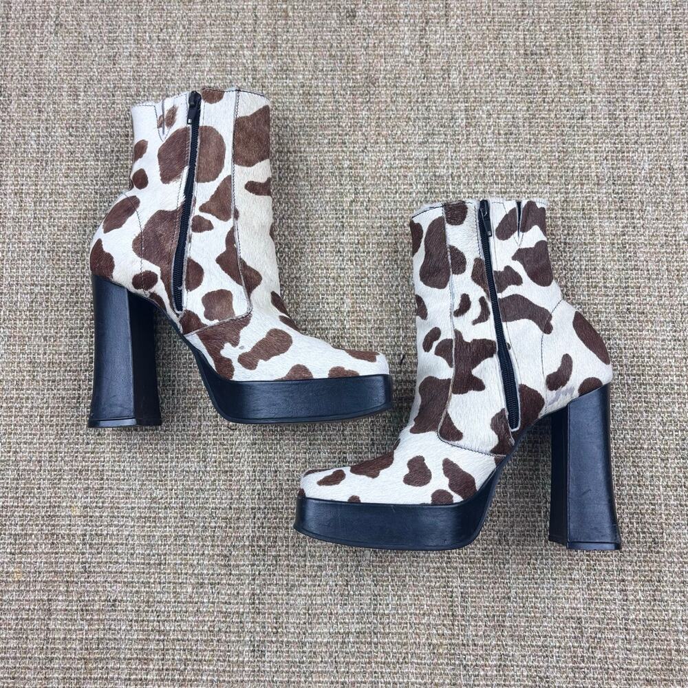 🐄 Calf Hair Cow Print Platform Ankle Boots | Size 8.5 | Brown & White - Picture 9 of 10